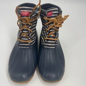 Sperry Saltwater Duck Boots Women’s Size 8 Navy Rubber Stripe Canvas Waterproof